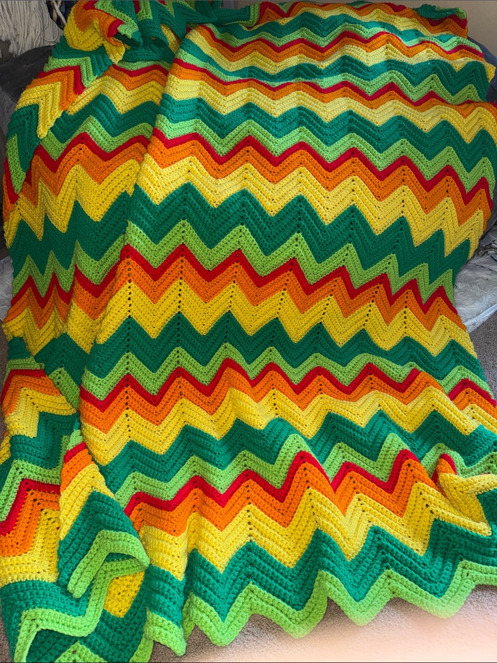 Colorful Chevron Crochet Throw Blanket - Green/Yellow/Red/Orange